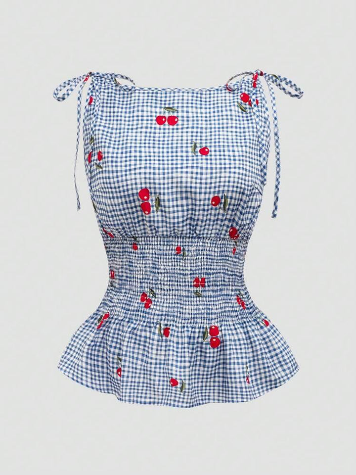 Damen Bluse mit floralem Karo-Muster und Rüschensaum Drune