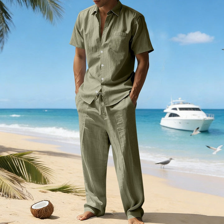 Herren nan resort-taugliches Kurzarm-Hemd mit Brusttasche und lässiger Leinen-Kordelhose Drune