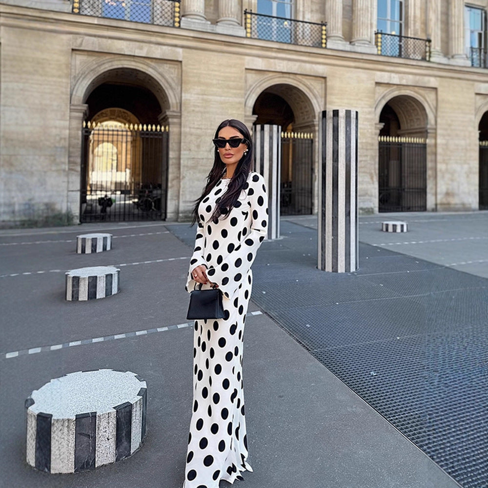 Damen Figurbetontes Polka-Dot Maxikleid mit Trompetenärmeln & Rundhalsausschnitt Drune