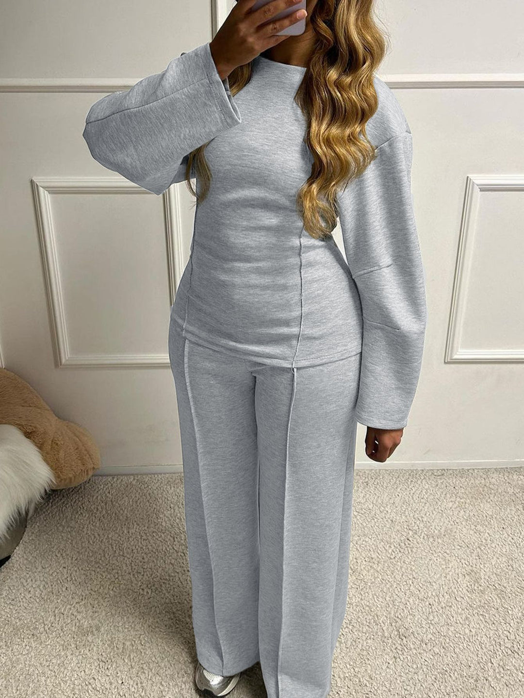 Damen nan weiches Lounge-Set mit tailliertem Sweatshirt, formgebenden Nahtdetails und weitem Palazzohosen-Bein Drune