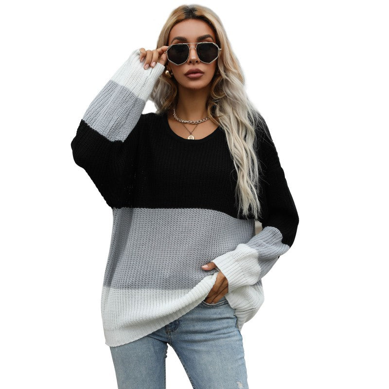 Damen Oversize-Feinstrickpullover mit breiten Blockstreifen und Rundhalsausschnitt Drune