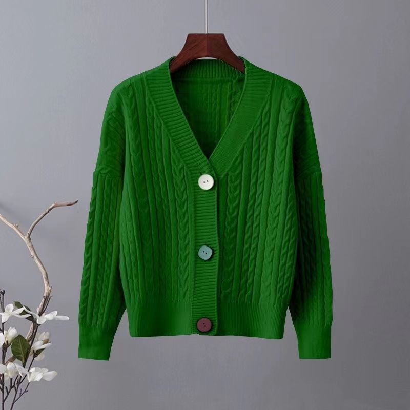 Damen Grobstrickjacke mit V-Ausschnitt und dekorativen Knöpfen Drune