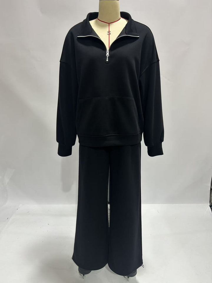 Damen Bequeme und elegante Langarm-Pullover mit Reißverschluss und weiten Jogginghose Drune