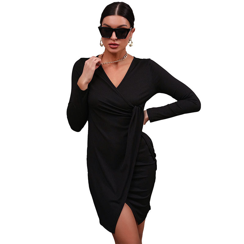Damen Figurbetontes Wickel-Midikleid mit Drapierung, V-Ausschnitt und asymmetrischem Saum Drune