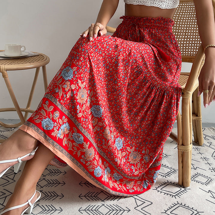 Damen nan leichter Stufen-Maxirock mit elastischem Rüschenbund, Kordel-Tassel und zartem Paisley-Print Drune