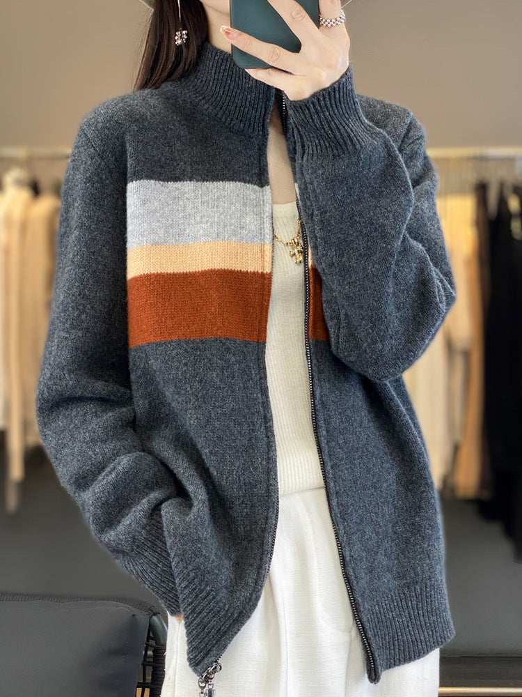 Damen Reißverschluss-Strickcardigan aus weichem Wollmix mit Blockstreifen und geripptem Saum Drune