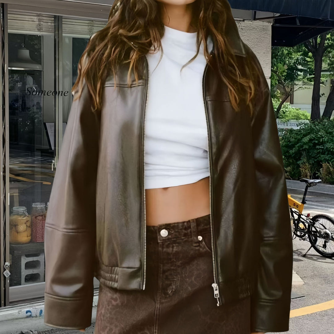 Damen Lässige Kunstlederjacke mit oversized Schnitt und eleganten Details Drune