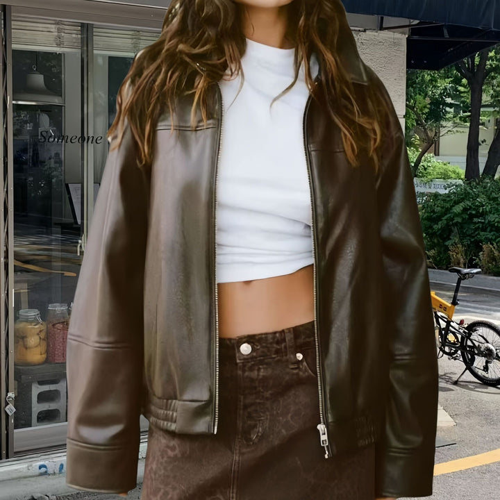 Damen Lässige Kunstlederjacke mit oversized Schnitt und eleganten Details Drune