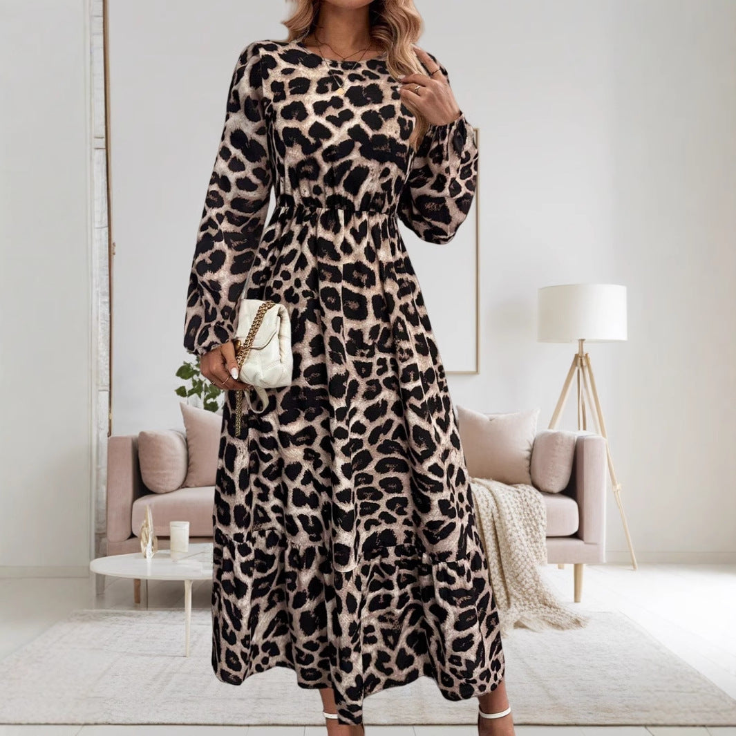 Damen Elegantes Langarm-Maxikleid mit modernem Tierprint und asymmetrischem Saum Drune