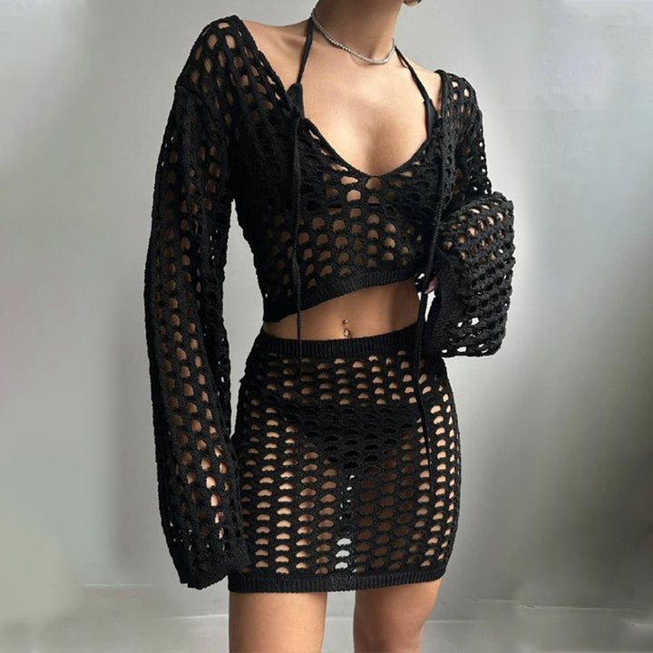 Damen gehäkeltes Strandoutfit mit offener Front Drune