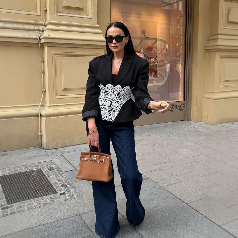 Damen Zweiteiliges Anzugset mit tailliertem Blazer, Spitzen‑Corsage und weiter Palazzohose Drune