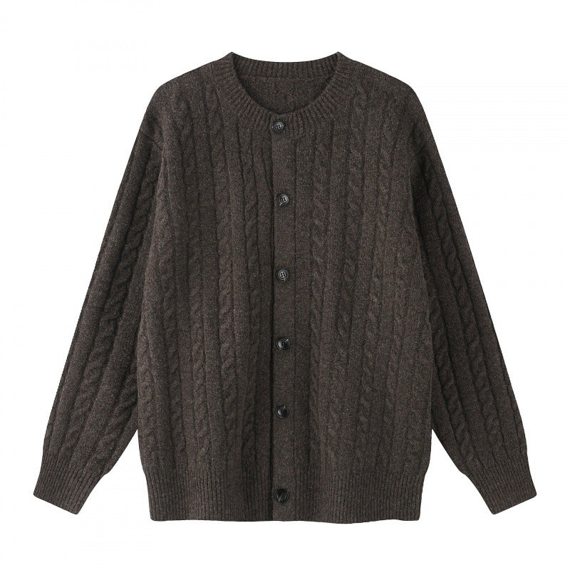 Damen Grobgestrickter Zopf-Strick-Cardigan mit Knopfleiste und Rundhals Drune