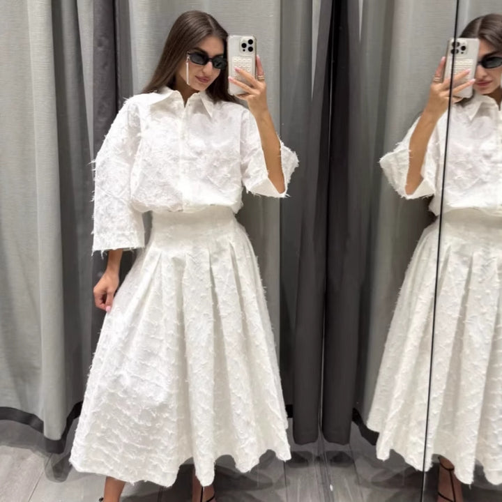 Damen 300+ oversized strukturierte Bluse mit Fransenoptik und dreiviertelärmeln Drune