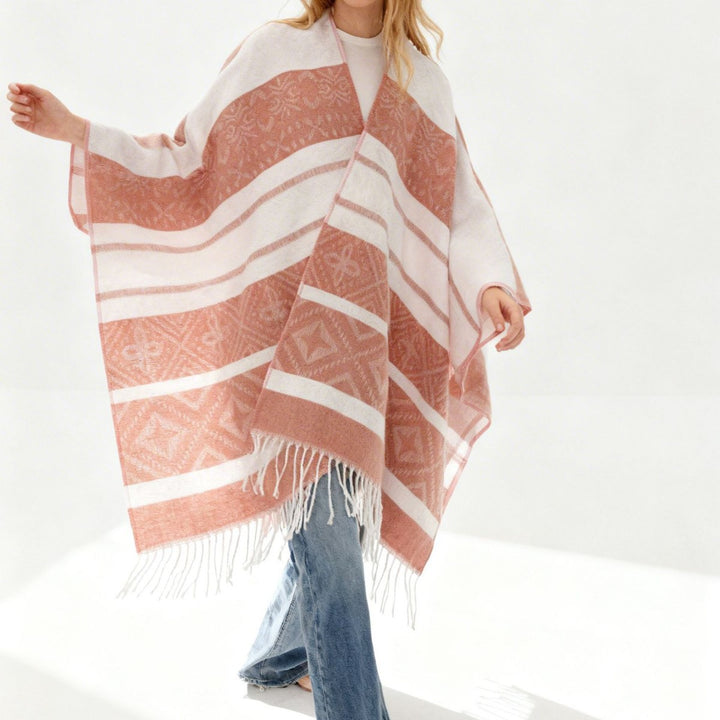 Damen Oversize-Cape mit eingewebtem Diamant-Jacquard, V‑Ausschnitt und Fransensaum Drune