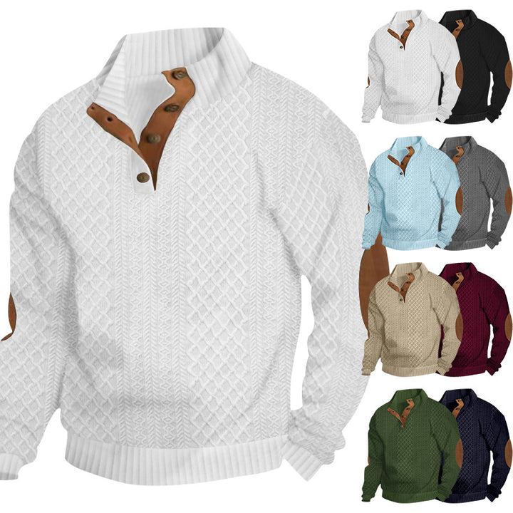 Herren nan gehobener Strickpullover mit Rautenmuster, hohem Rippkragen, knöpfbarer Latzleiste und Lederbesatz an Ellenbogen Drune