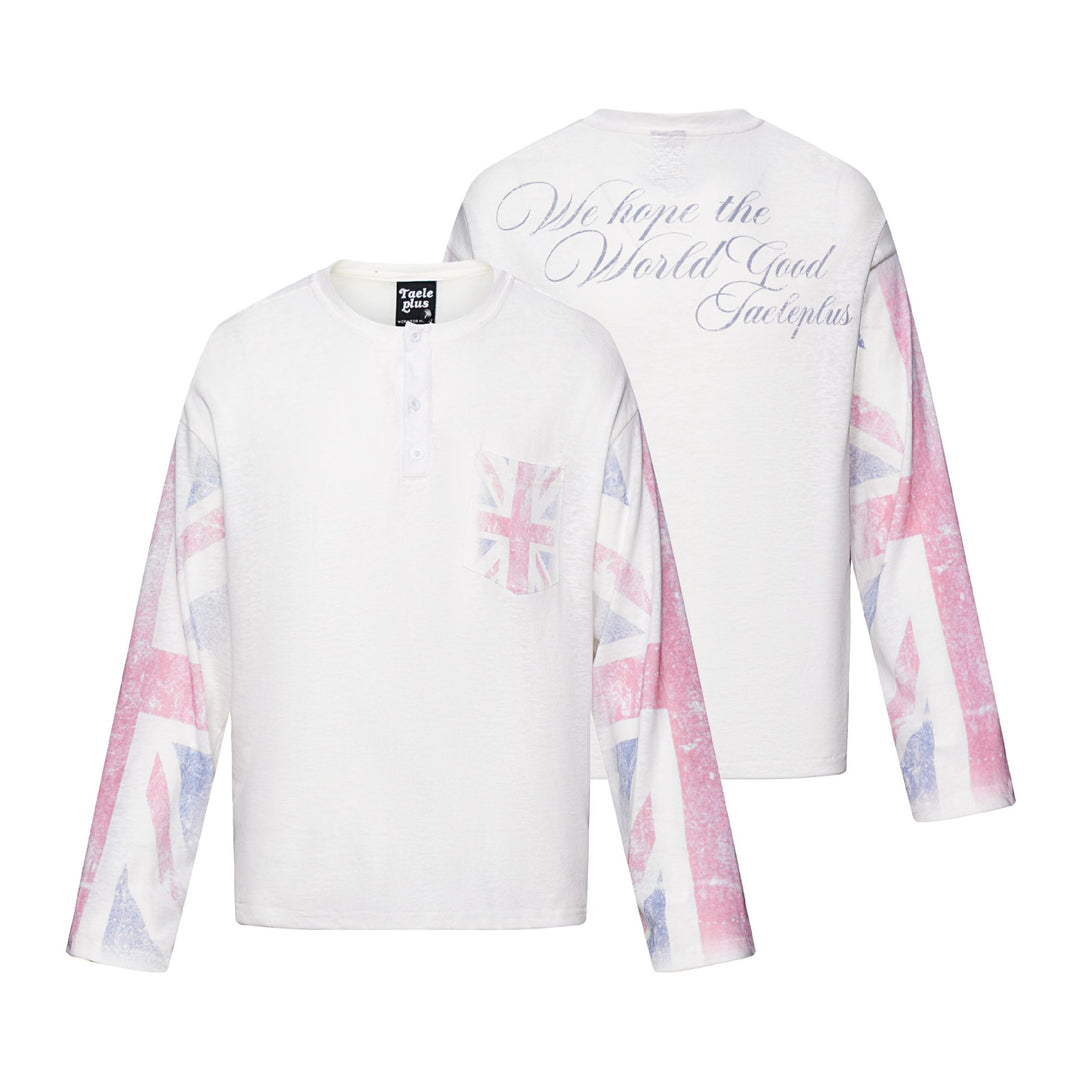 Unisex Langärmeliges Henleyshirt mit Brusttasche und Vintage-Flag-Print Drune