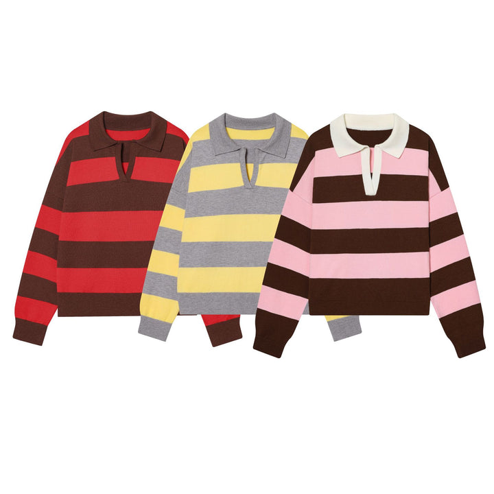 Damen nan gestreifter Rugby-Pullover mit Polokragen und tiefem V-Schlitz Drune