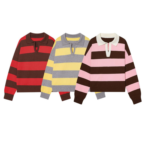 Damen nan gestreifter Rugby-Pullover mit Polokragen und tiefem V-Schlitz Drune