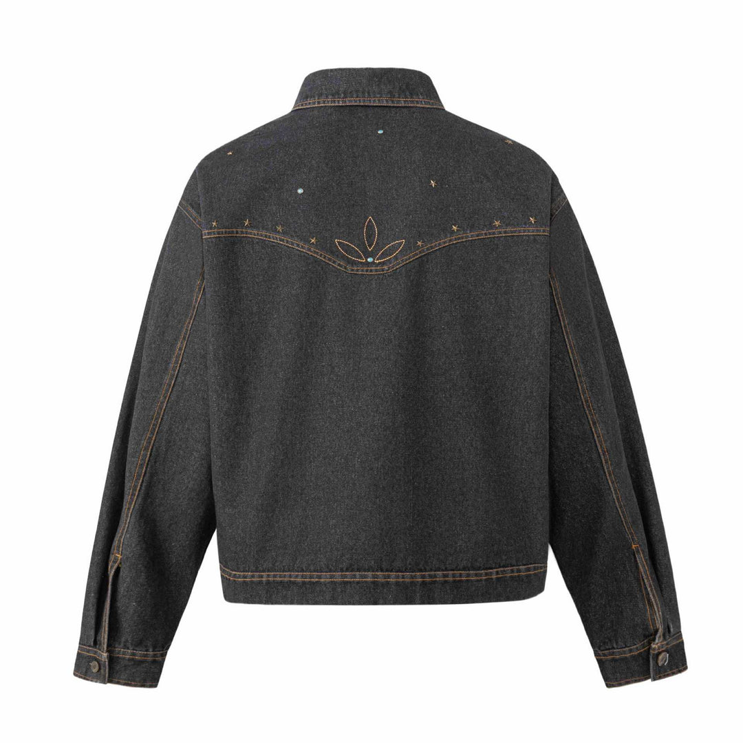 Unisex Boxy-Jeansblouson mit Sternstickerei und Ziernieten Drune