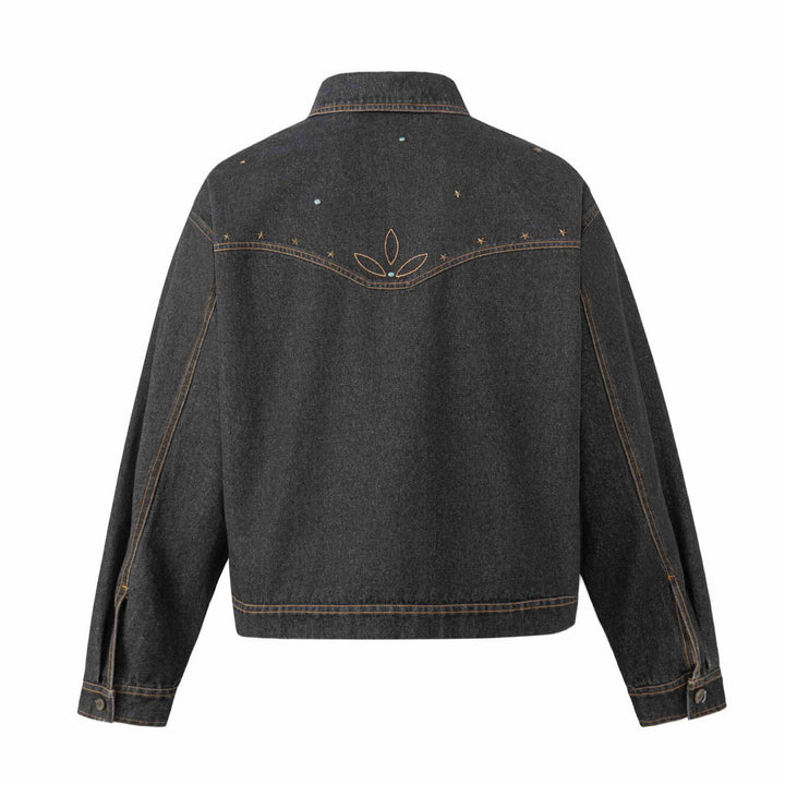 Unisex Boxy-Jeansblouson mit Sternstickerei und Ziernieten Drune