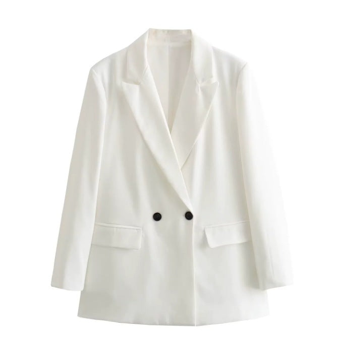 Damen 100+ geradliniger Longline Blazer mit Reverskragen, doppelreihiger Optik und Pattentaschen Drune