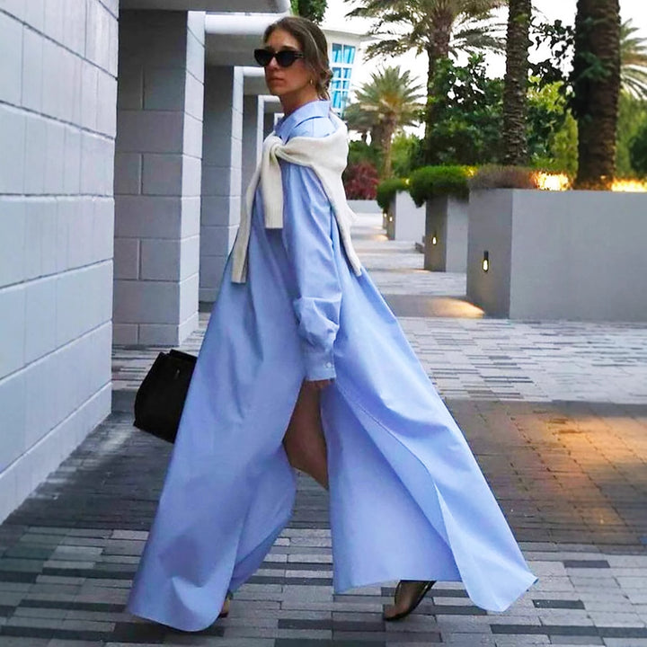 Damen Maxikleid im Hemdblusen-Stil mit seitlichem Schlitz und langen Ärmeln Drune