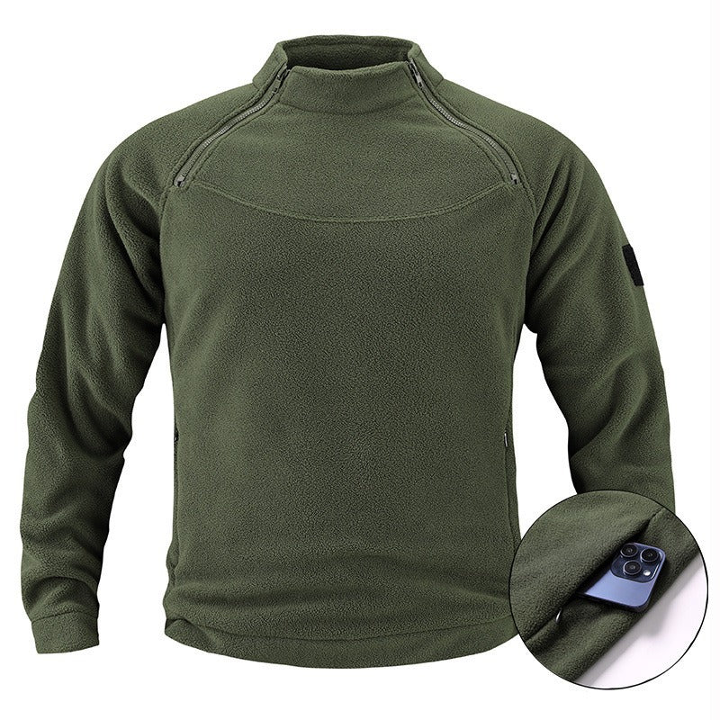 Herren taktischer Fleece-Pullover mit Schulterreißverschlüssen, Kinnschutz und Klettpanel Drune