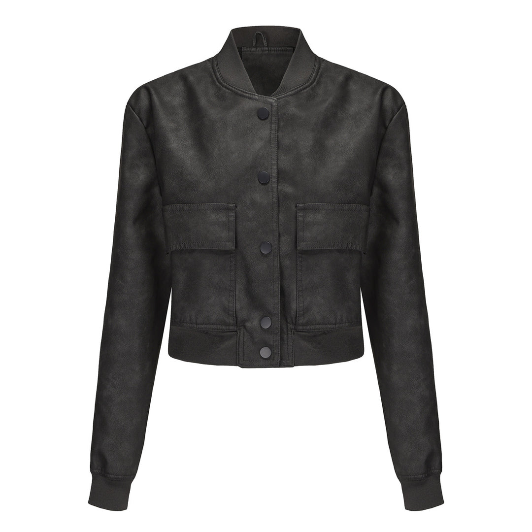 Damen Kunstleder Bomberjacke mit praktischen Taschen und elastischen Bündchen Drune