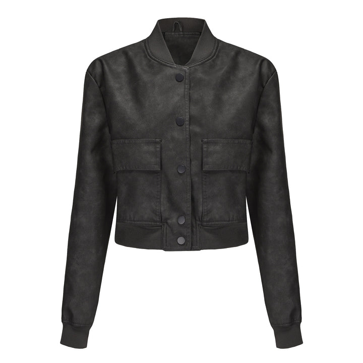 Damen Kunstleder Bomberjacke mit praktischen Taschen und elastischen Bündchen Drune