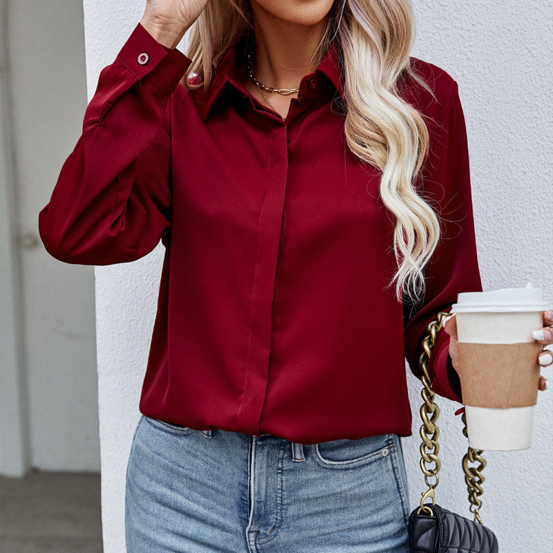 Damen elegante Bluse aus hochwertigem Satin mit langen Ärmel Drune