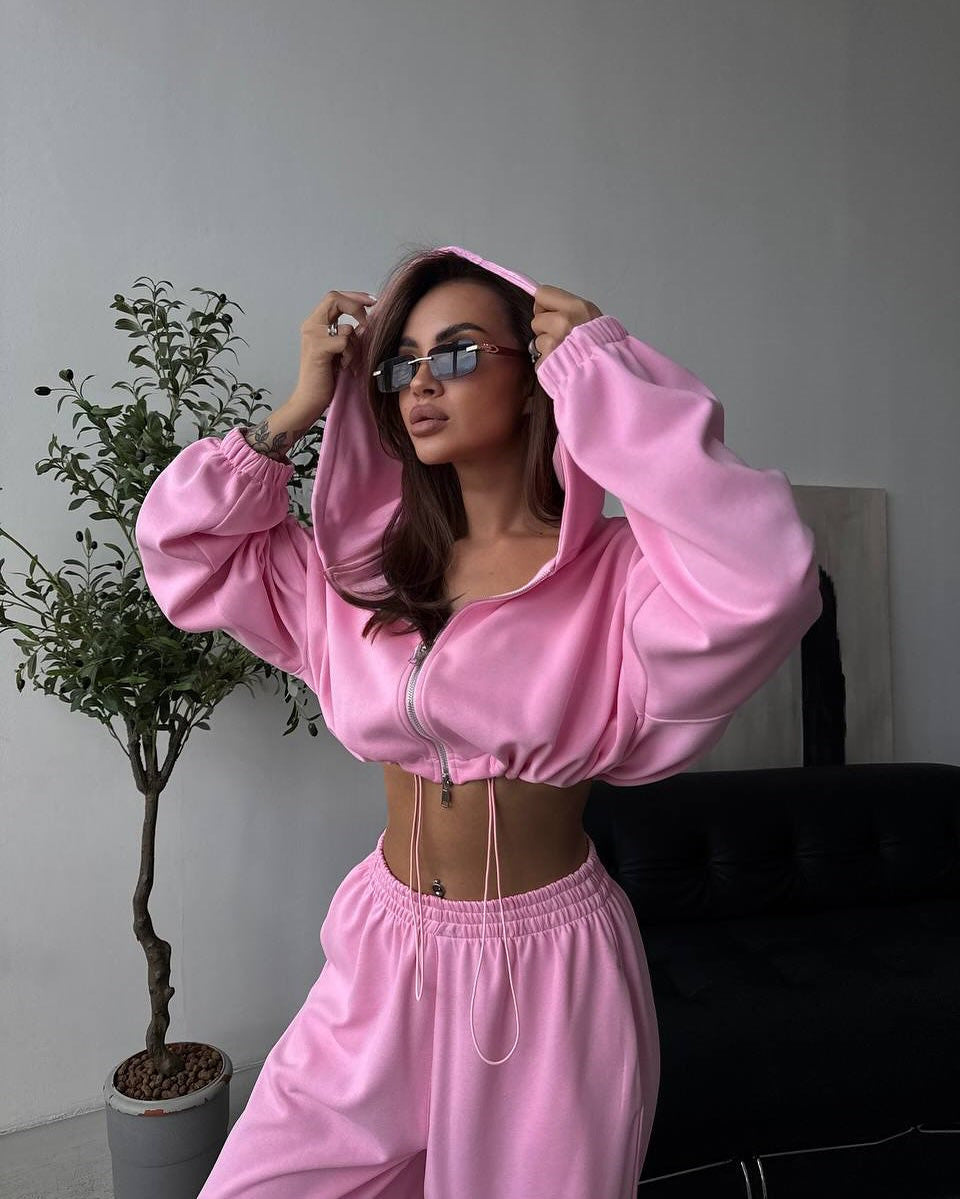 Damen kurz geschnittene Kapuzenjacke mit Kordelzug und weite Loungehose mit hohem Bund Drune