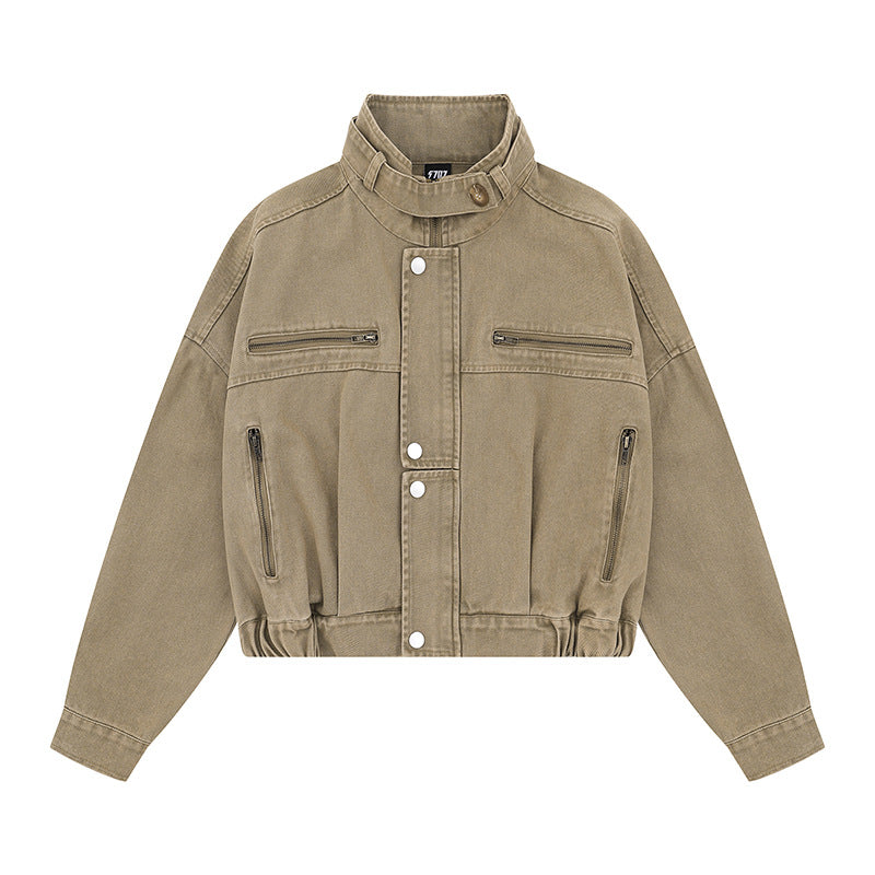 Damen Cropped Utility-Bomberjacke mit Stehkragen, Reißverschlusstaschen und Elastbund Drune