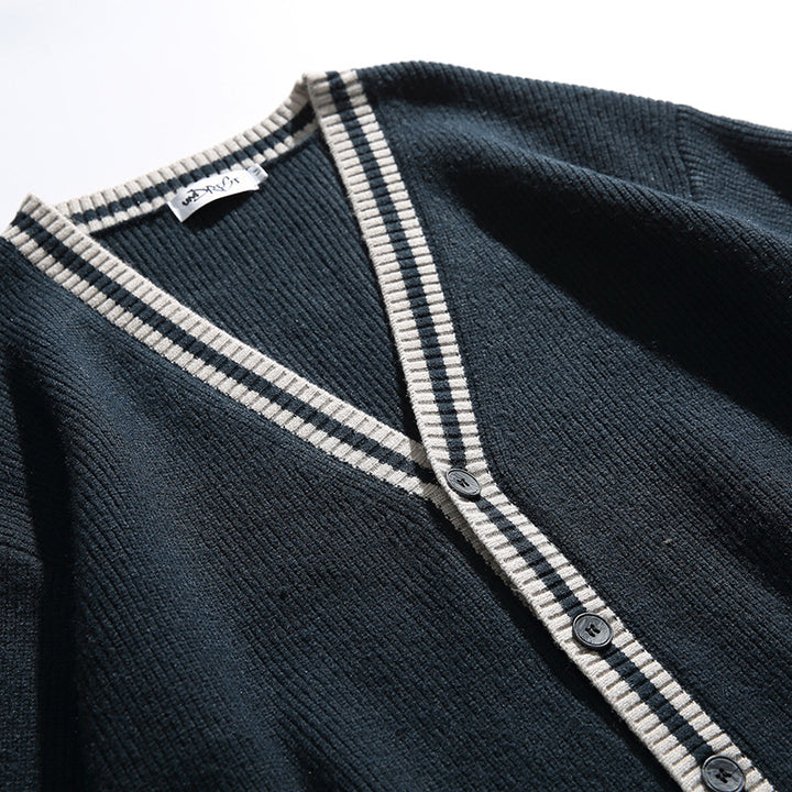 Unisex Oversize-Strickcardigan mit Kontraststreifen, V‑Ausschnitt und aufgesetzten Taschen Drune