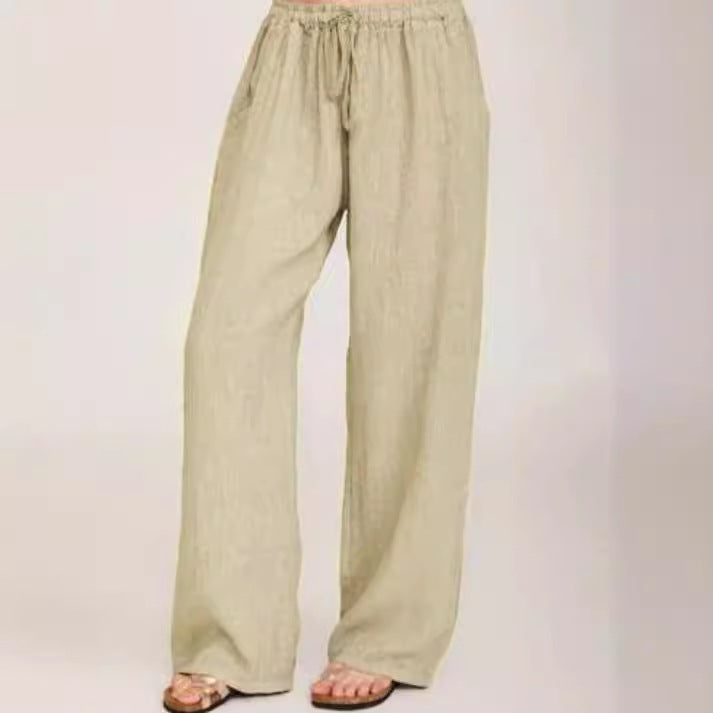 Damen Weite Leinenhose mit elastischem Bund und Seitentaschen Drune