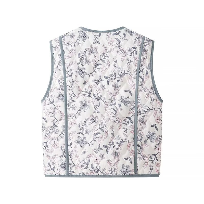 Damen Leicht gesteppte Steppweste mit floralem Print, V‑Ausschnitt und Eingrifftaschen Drune