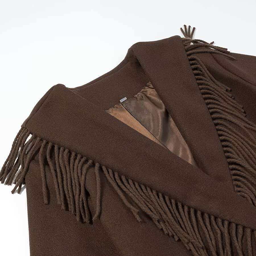 Damen Langer Fransen-Wollmix-Mantel mit Kapuze, Bindegürtel und aufgesetzten Taschen Drune