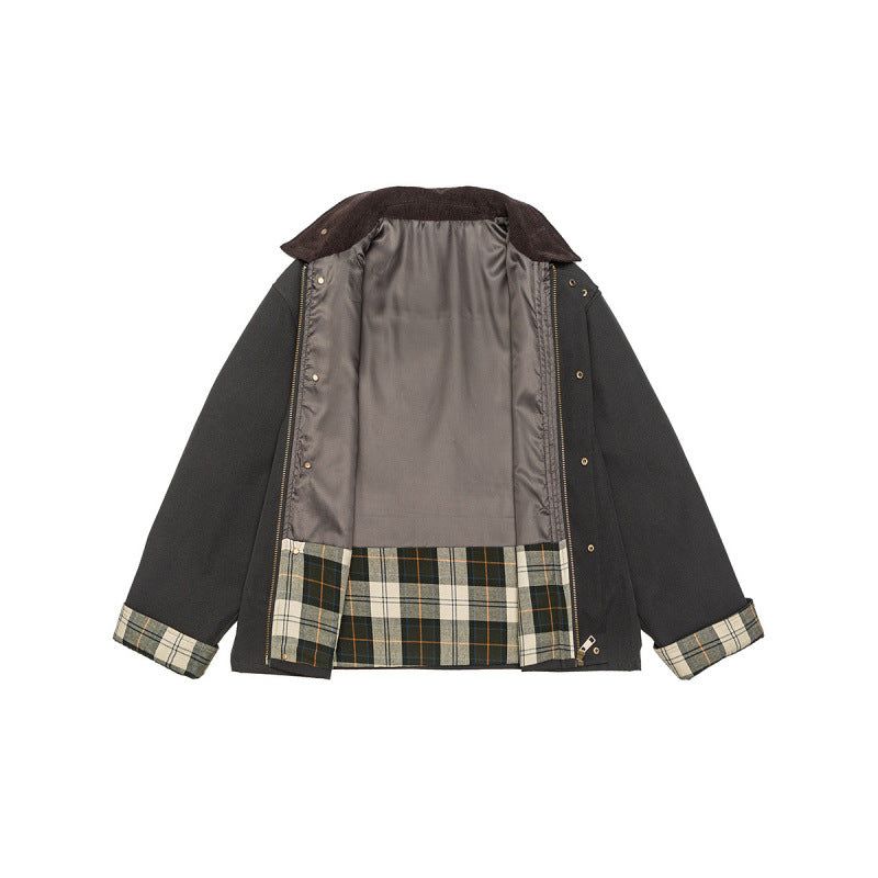 Herren Kurze Boxy-Workerjacke aus robustem Canvas mit Cordkragen und verdeckter Druckknopfleiste Drune