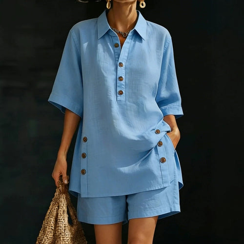 Damen nan luftiges Leinenoptik-Zweiteiler mit Oversize-Hemdbluse, Knopfleiste und Bermuda-Shorts Drune