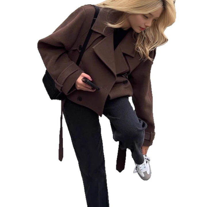 Damen modische cropped Jacke mit Doppelknopfverschluss und breitem Kragen Drune