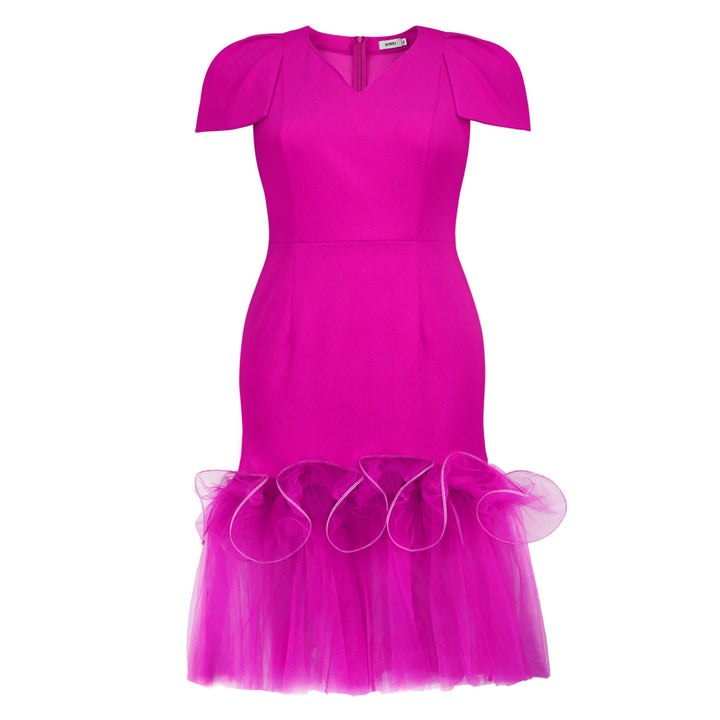Damen figurbetontes Kleid mit voluminösen Puffärmeln und Tüllrock Drune