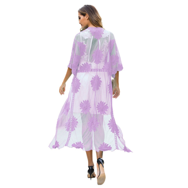 Damen elegante Häkel-Strandrobe mit floralen Details und tiefem V-Ausschnitt Drune
