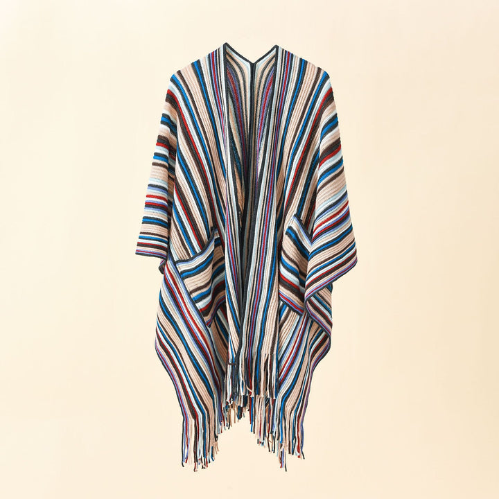 Damen Gestreifter Strickponcho mit Fransen und Eingrifftaschen Drune