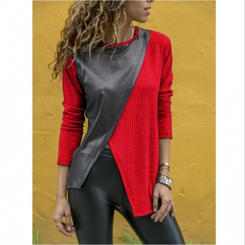 Damen Asymmetrisches Longsleeve mit Lederoptik‑Overlay und Rippstrick Drune