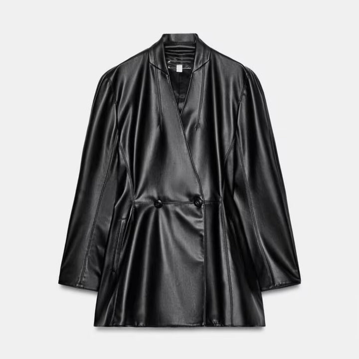 Damen Kunstleder-Blazer im Oversize-Schnitt mit Wickeloptik und taillierten Zierknöpfen Drune
