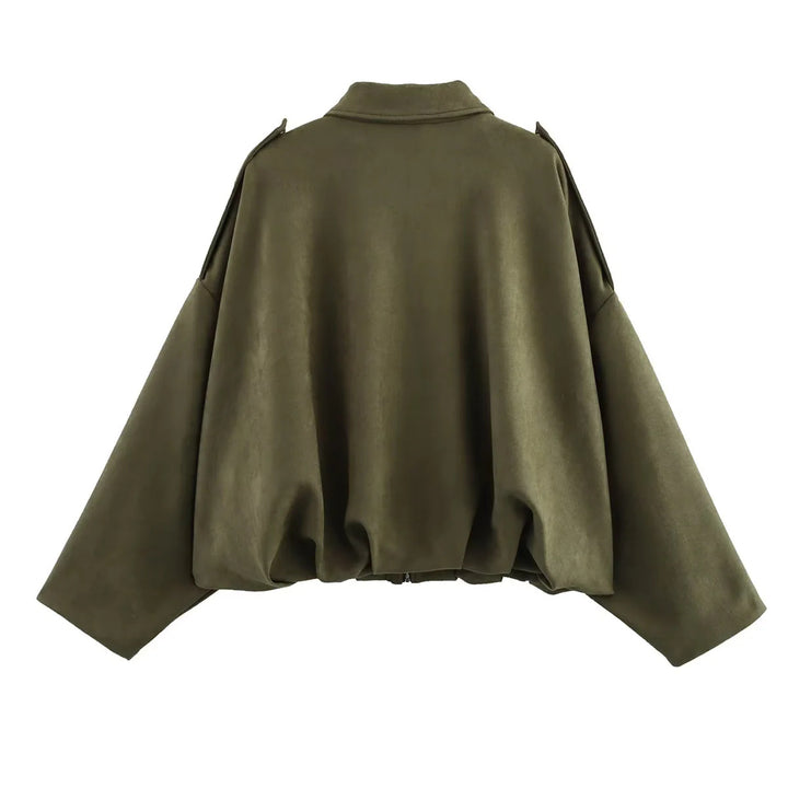 Damen nan oversized Veloursleder Bomberjacke mit Schulterklappen Drune