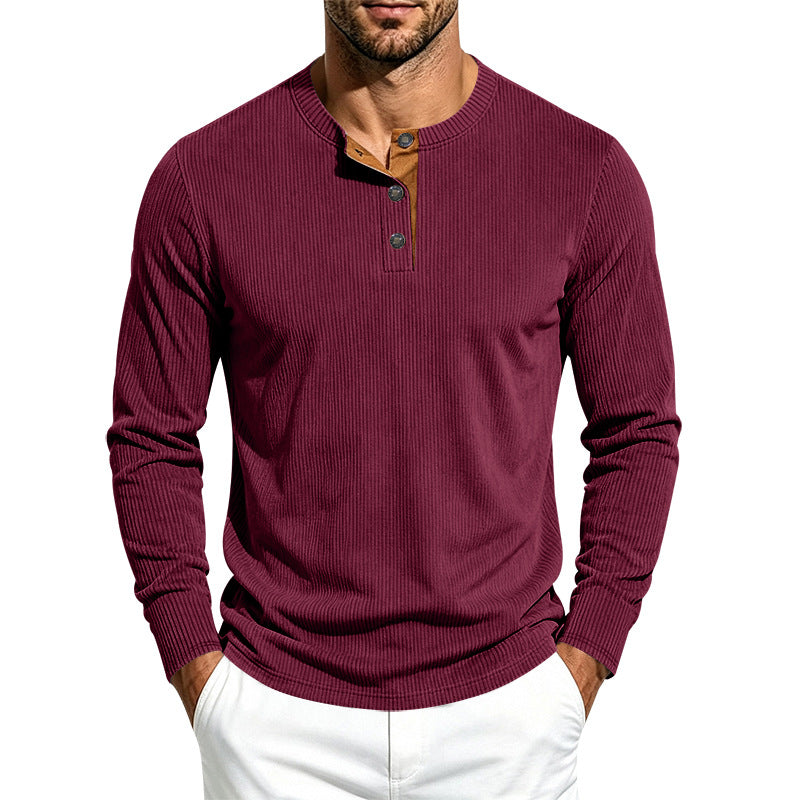 Herren Geripptes Langarm-Henley mit Stehkragen, Kontrast-Knopfleiste und Rippbündchen Drune