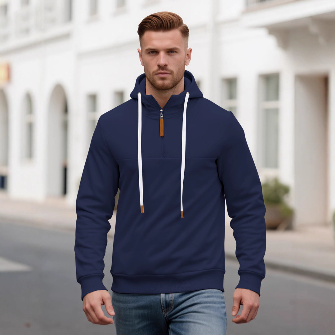 Herren Halbzip-Kapuzenpullover mit Stehkragen, Kordelzug und Lederdetails Drune