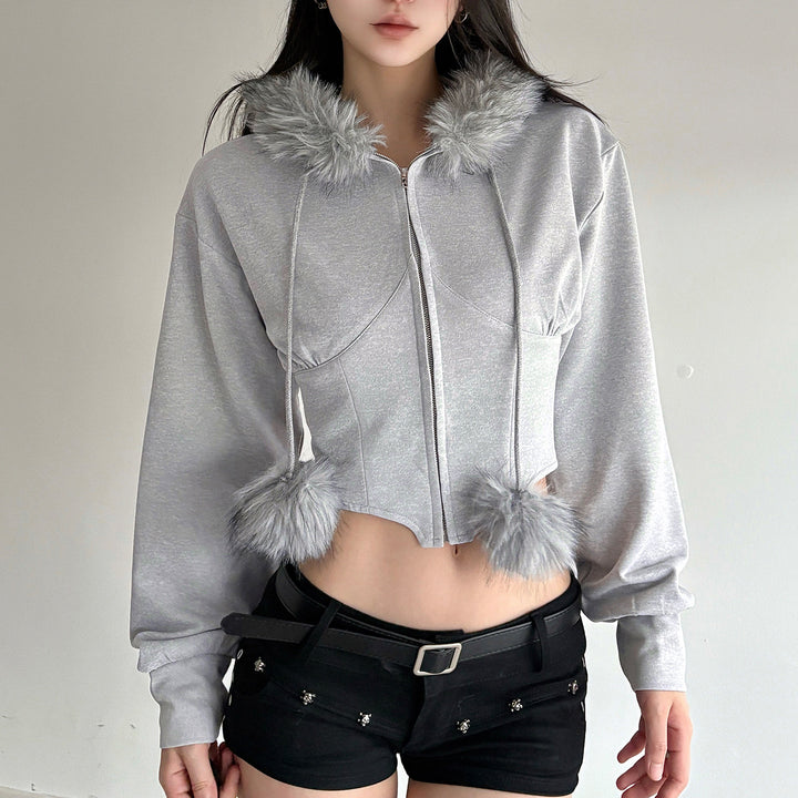 Damen nan kurzes Kapuzen‑Sweatshirt mit Kunstfellbesatz, Reißverschluss und Pompon-Kordeln Drune