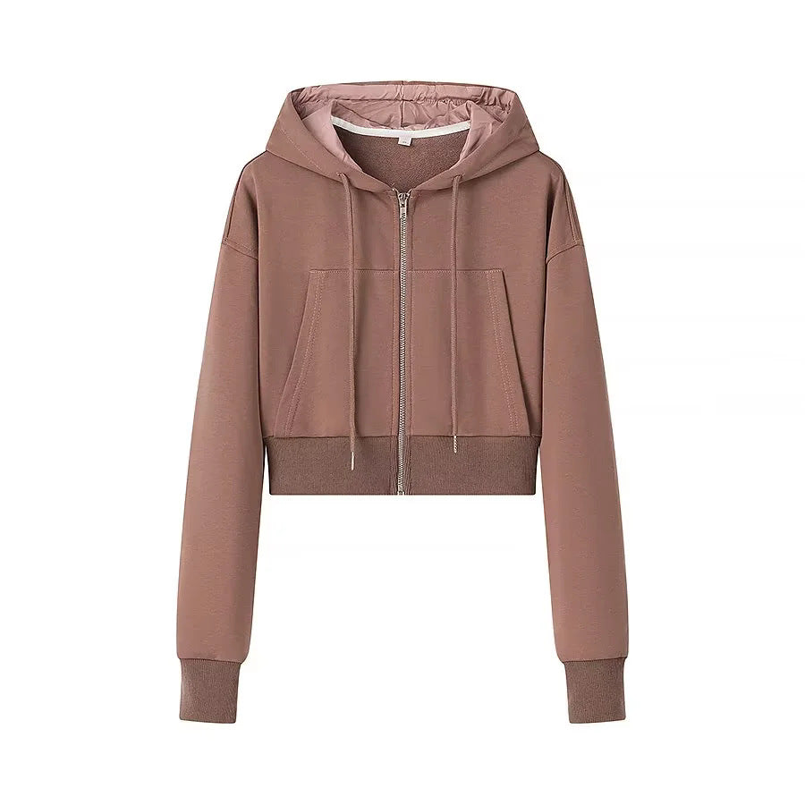 Damen nan cropped Kapuzenjacke mit durchgehendem Reißverschluss wattierter Kapuze und Kängurutaschen Drune