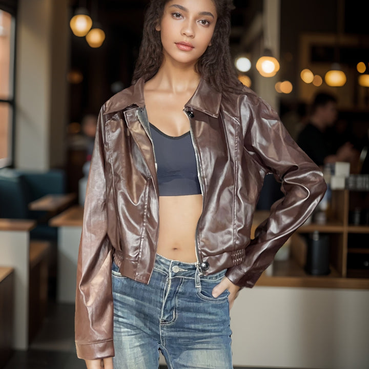 Damen Kurz geschnittene PU-Jacke im Blouson-Stil mit Hemdkragen und tailliertem Gummibund Drune